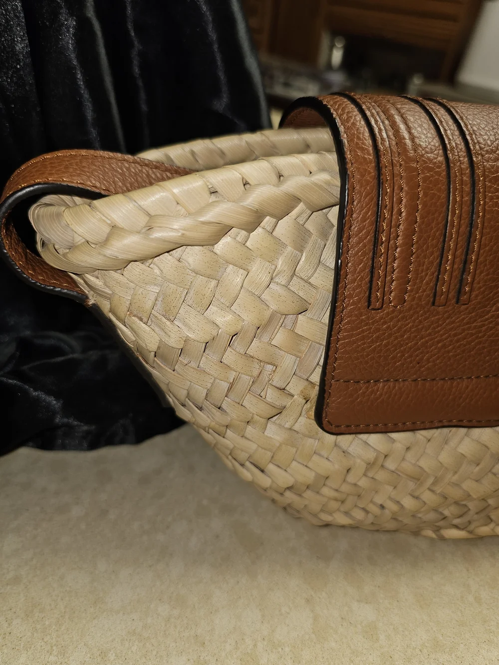 Chloé Tan Leather-Trim Woven Satchel with Gold Hardware